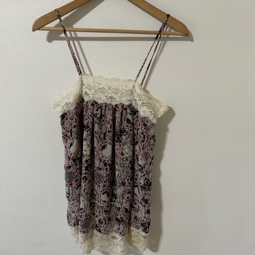 Jun & Min Lace Trim Tiered Chiffon Cami Pink Gray Abstract Print Boho Retro-L
